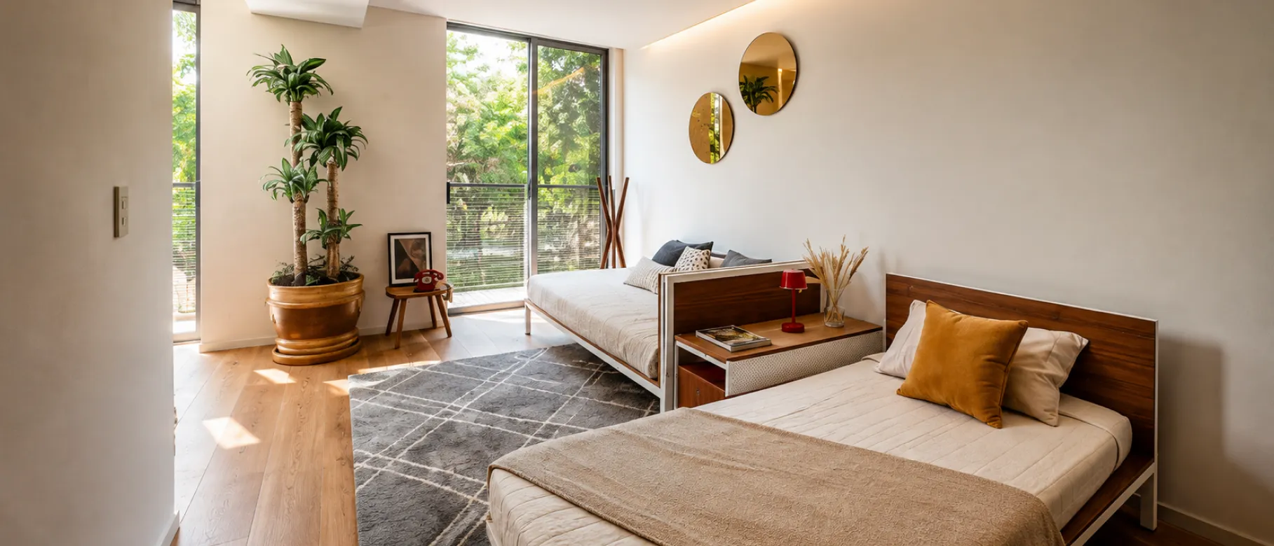 Recámara con cama, escritorio y ventanal a la terraza