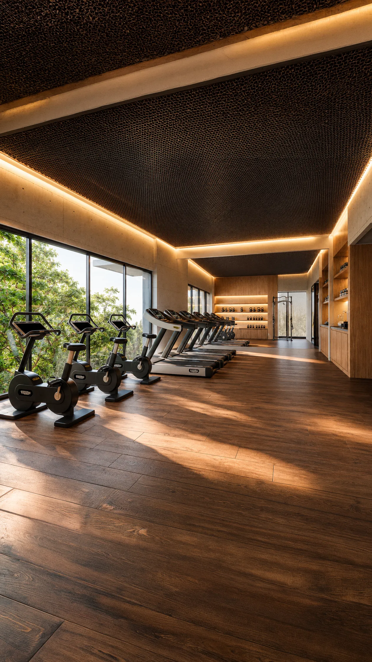 Gimnasio con bicicletas y caminadoras frente al ventanal