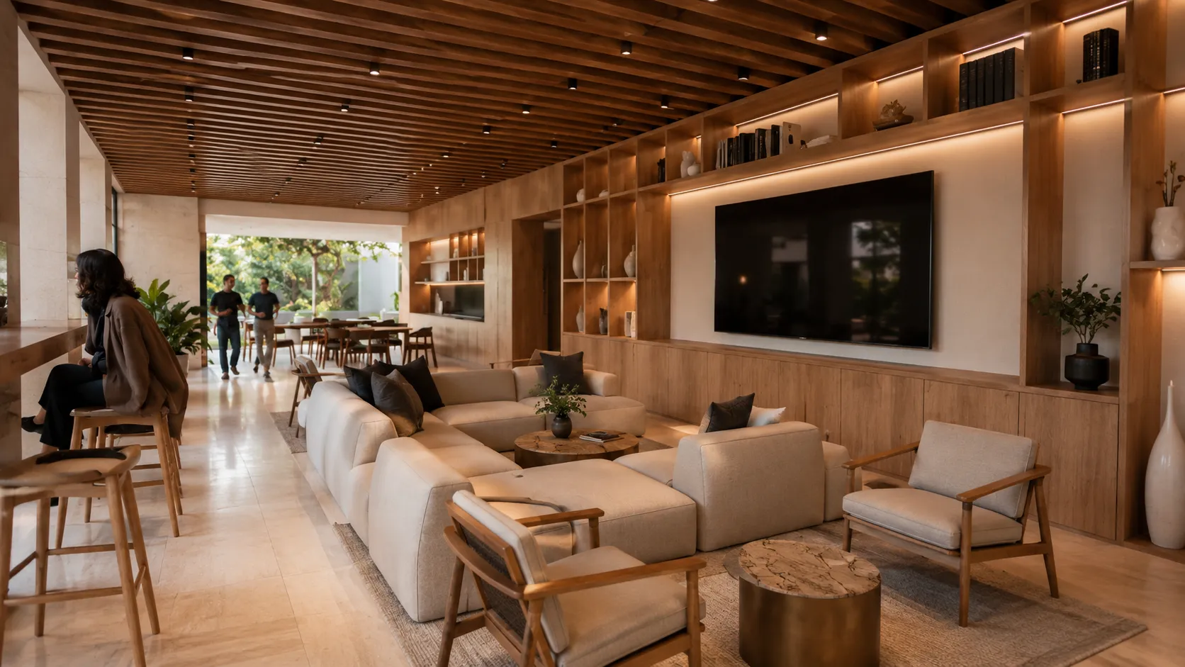 Salón de estar con sofás y pantalla