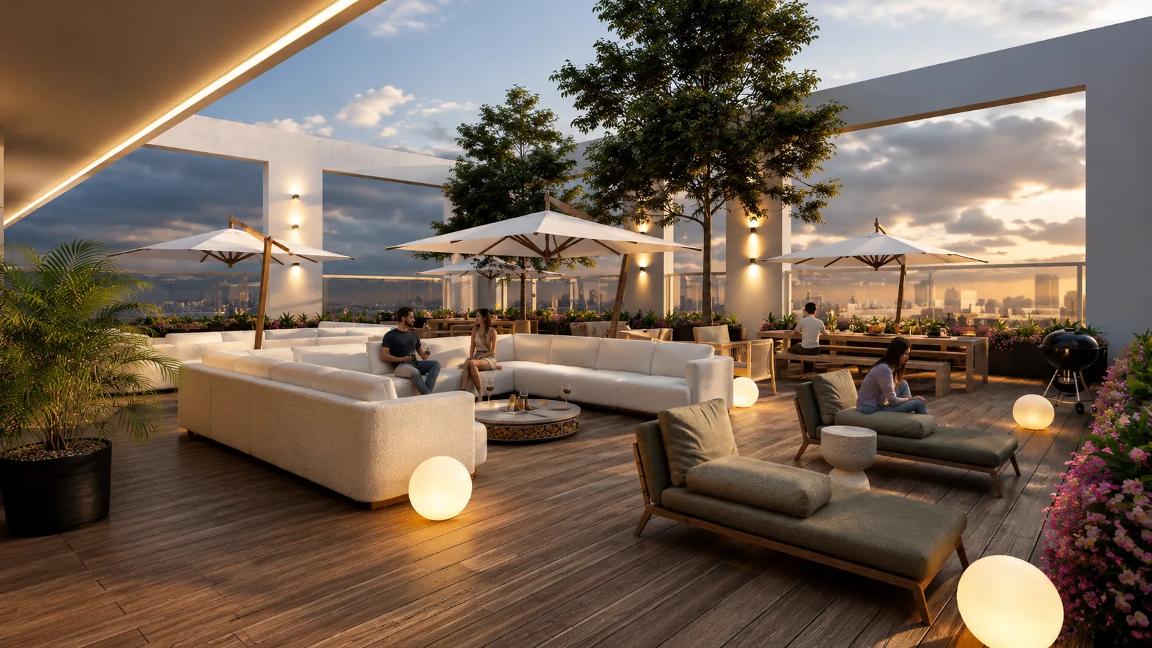 Terraza en la azotea con sombrillas al atardecer