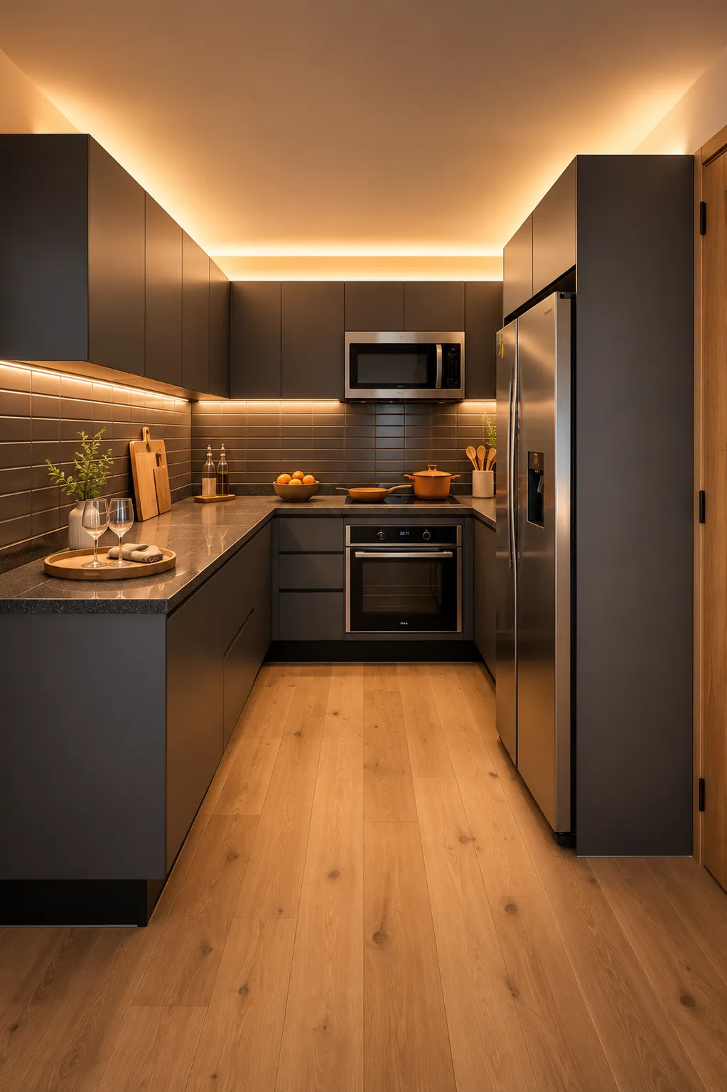 Cocina integral con isla y barra de madera