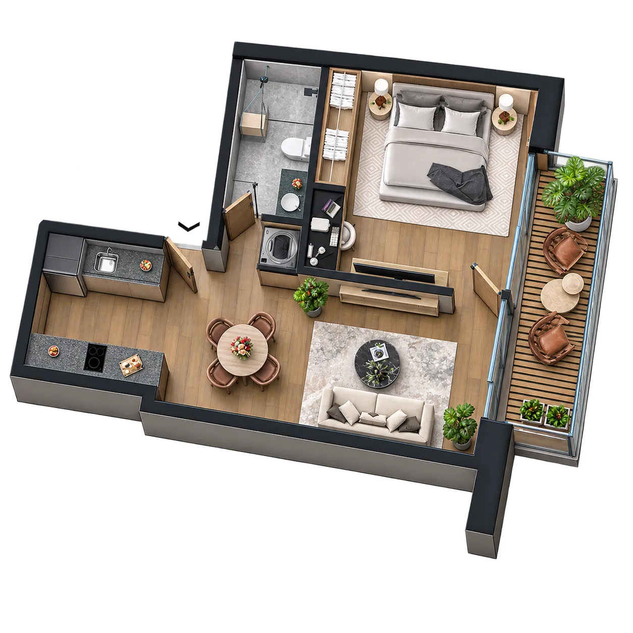 Plano del departamento tipo 01: 60 m², una recámara, cocina abierta y balcón