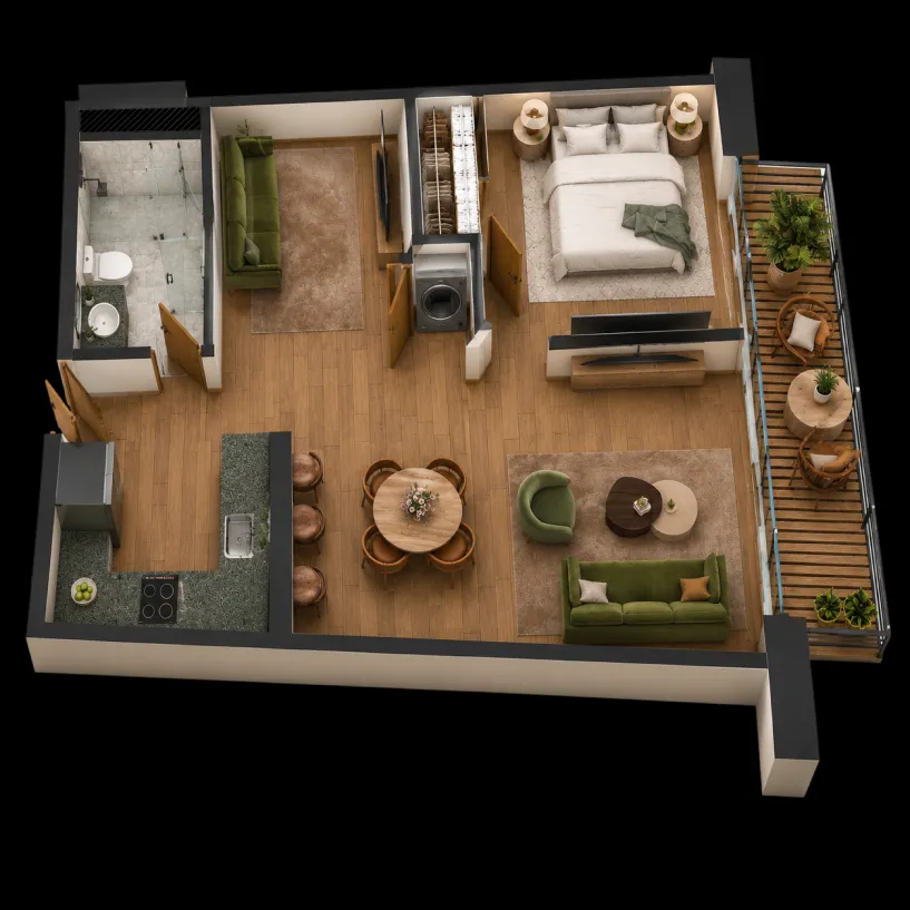 Plano del departamento tipo 2: 66 m², una recámara con flex room, cocina abierta y balcón