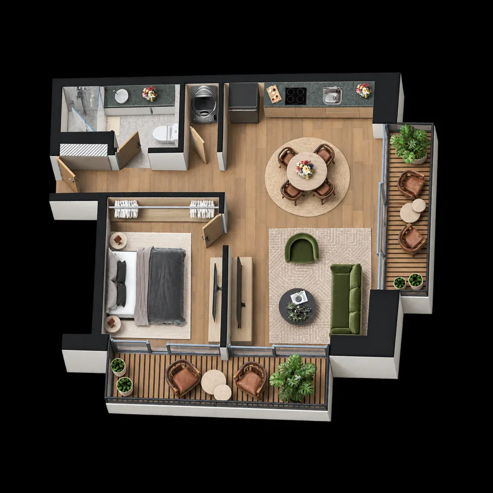 Plano del departamento tipo 3: 72 m², una recámara, cocina abierta y balcón