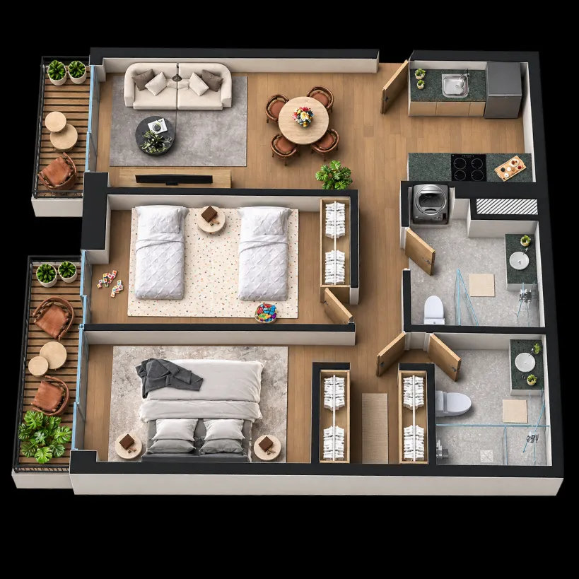Plano del departamento tipo 4: 83 m², dos recámaras, dos baños y balcón