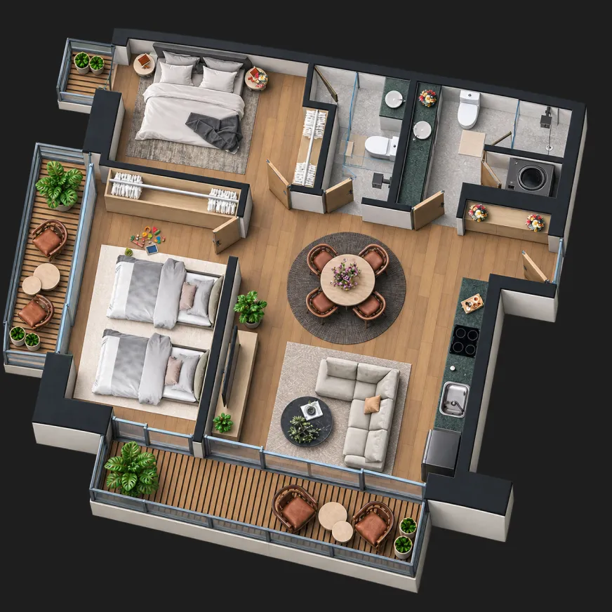 Plano del departamento tipo 5: 81 m², dos recámaras, dos baños y balcón