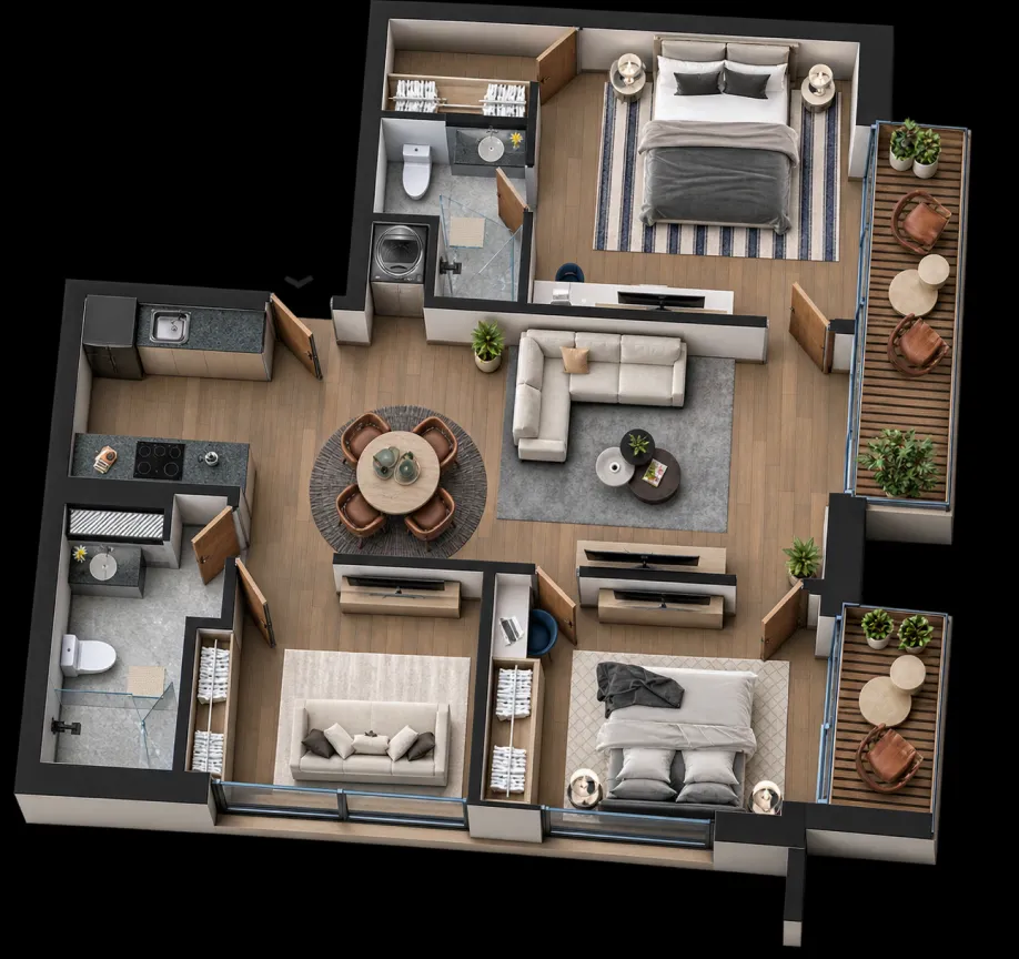 Plano del departamento tipo 6: 93 m², dos recámaras, dos baños y balcón
