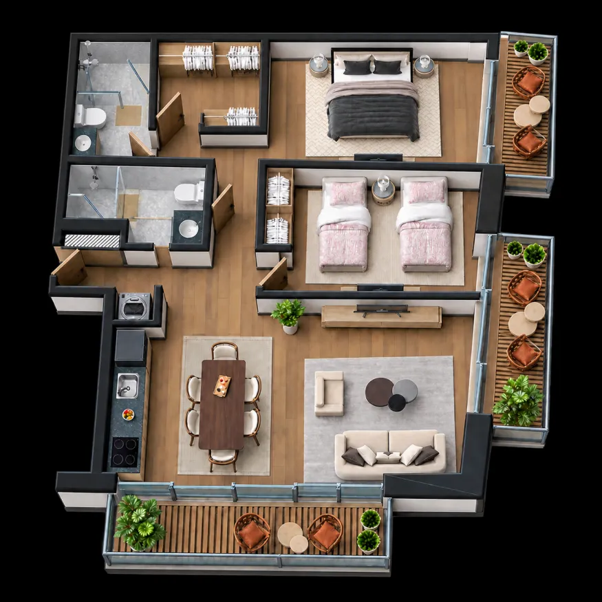 Plano del departamento tipo 7: 104 m², dos recámaras, dos baños y balcón