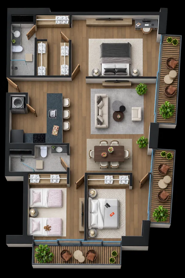 Plano del departamento tipo 8: 137 m², tres recámaras, dos baños y balcón