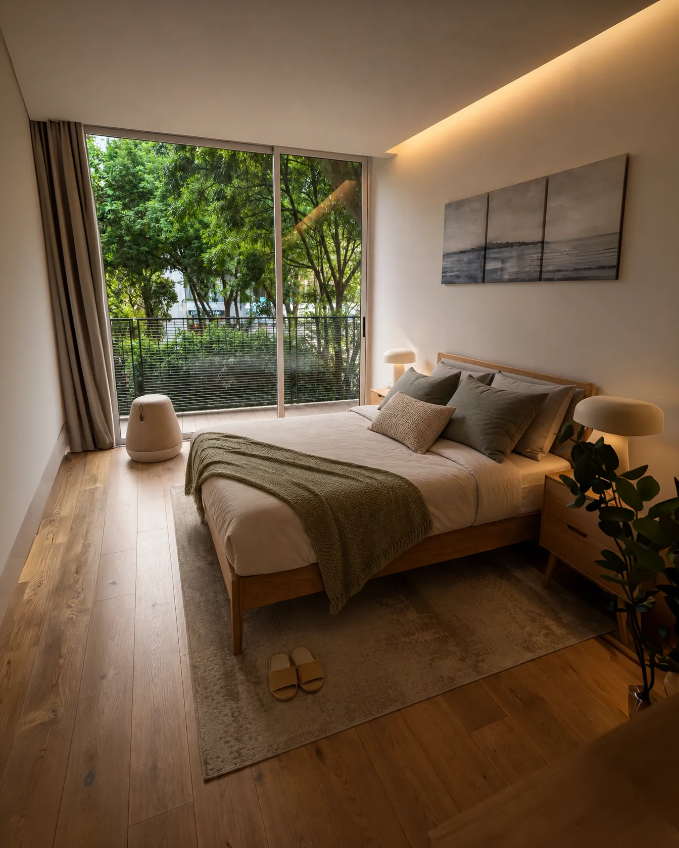 Recámara de un departamento de Alure Insurgentes con vista al balcón y jardín